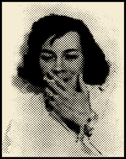 Black-and-cream halftone comic-dot portrait of Patricia Highsmith around 1962, smiling with her hand to her mouth