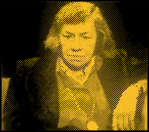 Black and yellow halftone comic-dot portrait of Patricia Highsmith seated on the TV program After Dark in 1988